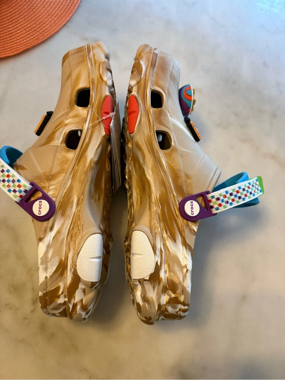 CROCS Beige Marbled Clog with Bright Blue Strap and Multicolor Charms